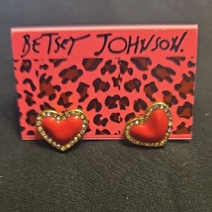 Betsey Johnson Red Heart Earrings with Gold Accents